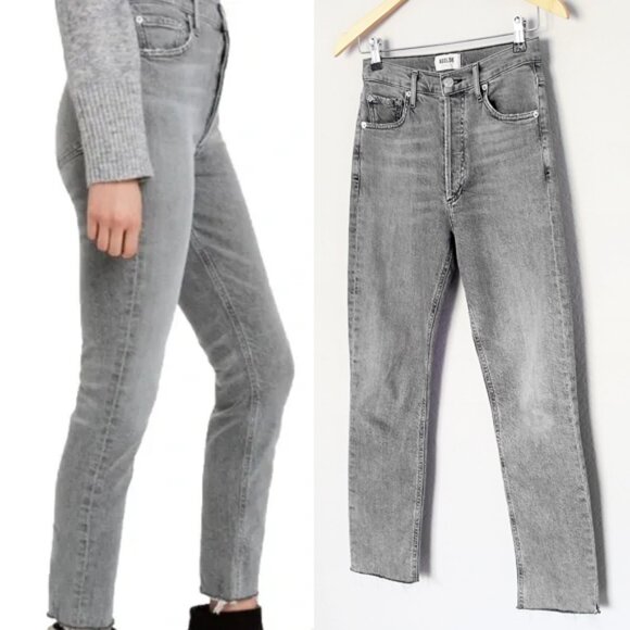 AGOLDE‎ Nico High Waist Rise Slim Jeans Risk Grey Stone Wash 25 Raw Hem $198 - Picture 2 of 16
